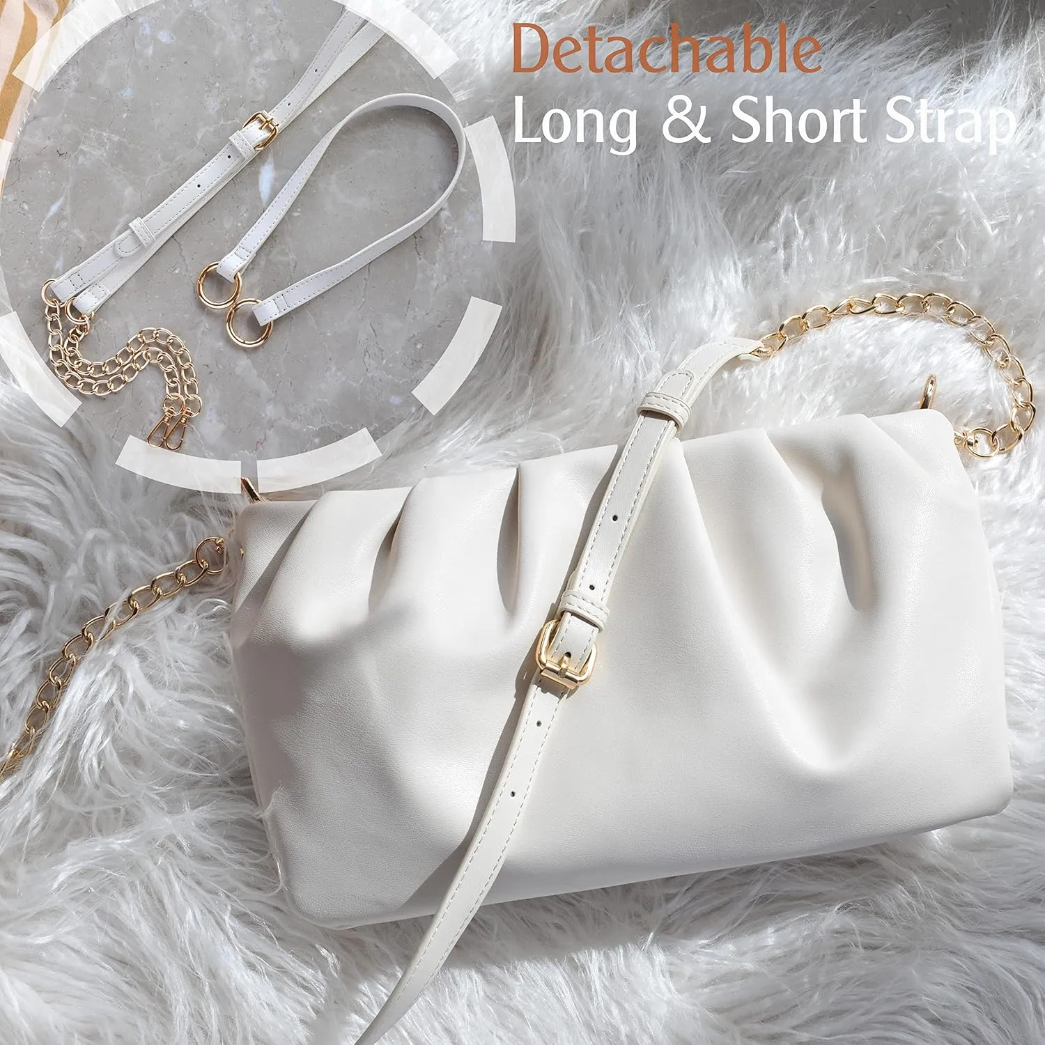 Women Ruched Shoulder Handbag Cloud Pouch Hobo Bag Convertible Clutch Soft Vegan Leather Cross body Bag
