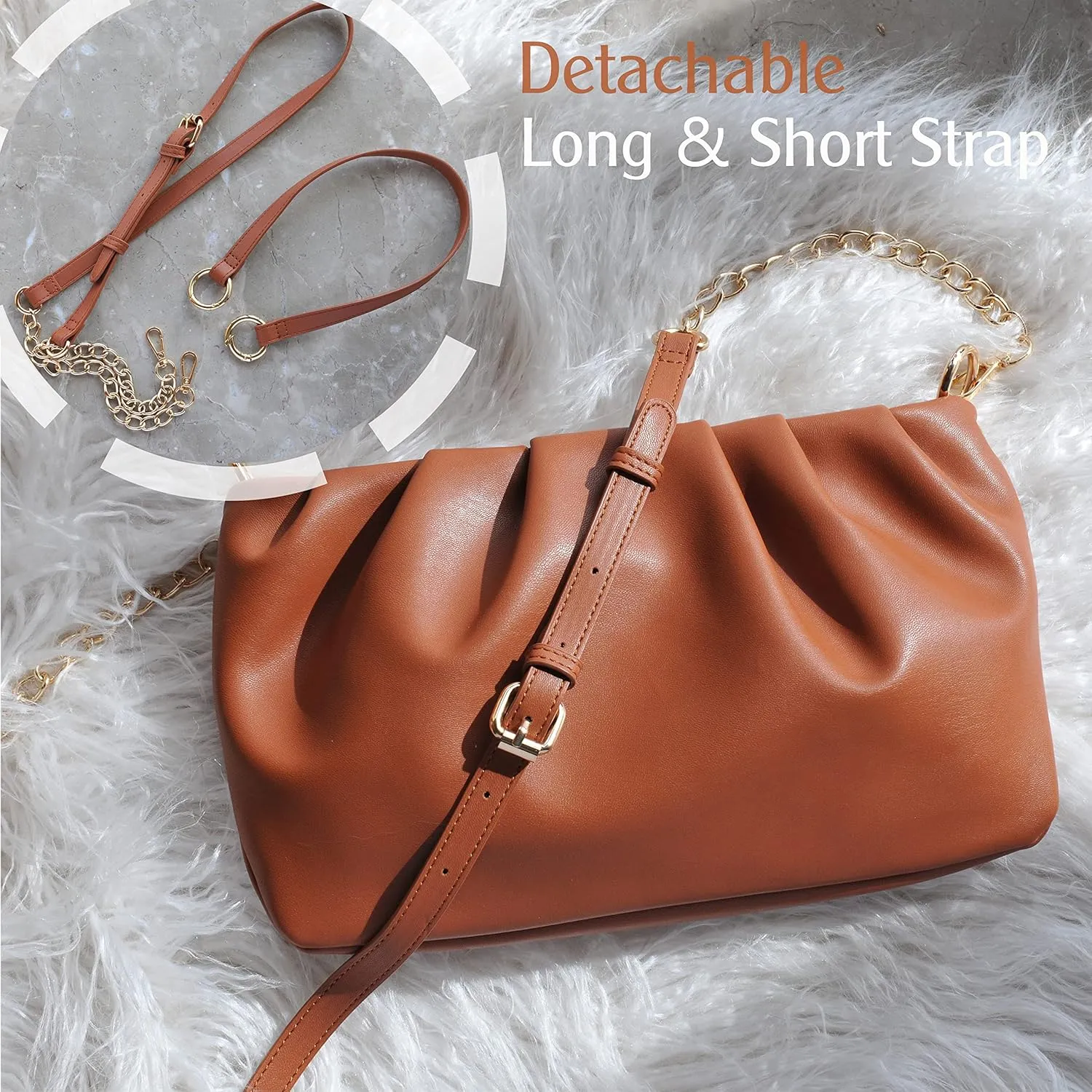 Women Ruched Shoulder Handbag Cloud Pouch Hobo Bag Convertible Clutch Soft Vegan Leather Cross body Bag