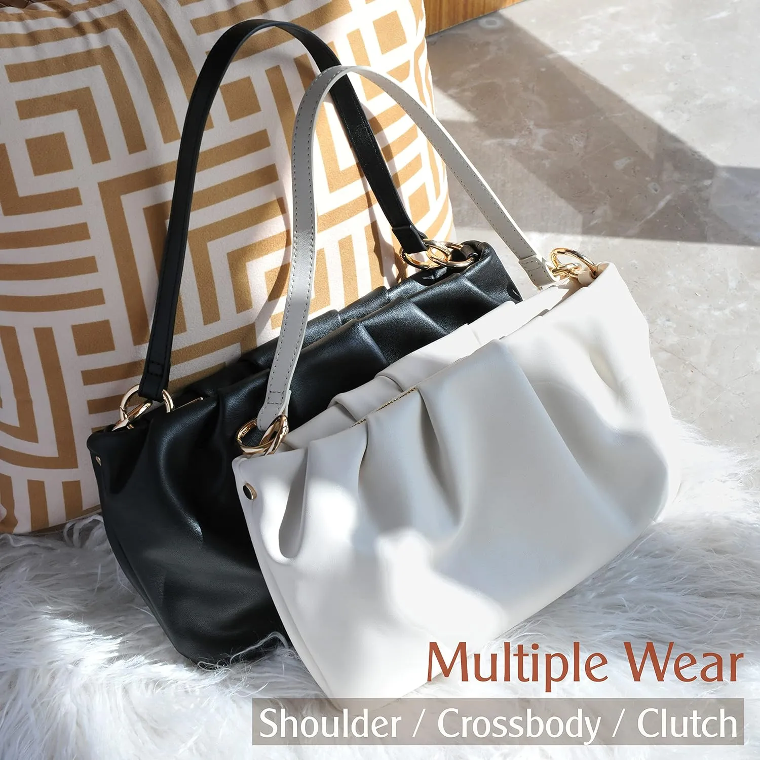 Women Ruched Shoulder Handbag Cloud Pouch Hobo Bag Convertible Clutch Soft Vegan Leather Cross body Bag