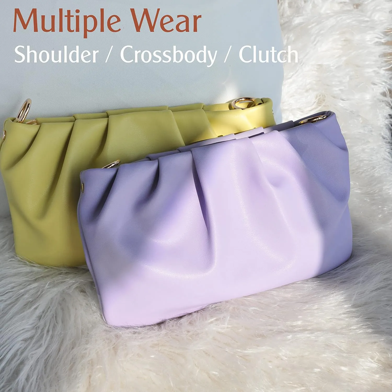 Women Ruched Shoulder Handbag Cloud Pouch Hobo Bag Convertible Clutch Soft Vegan Leather Cross body Bag