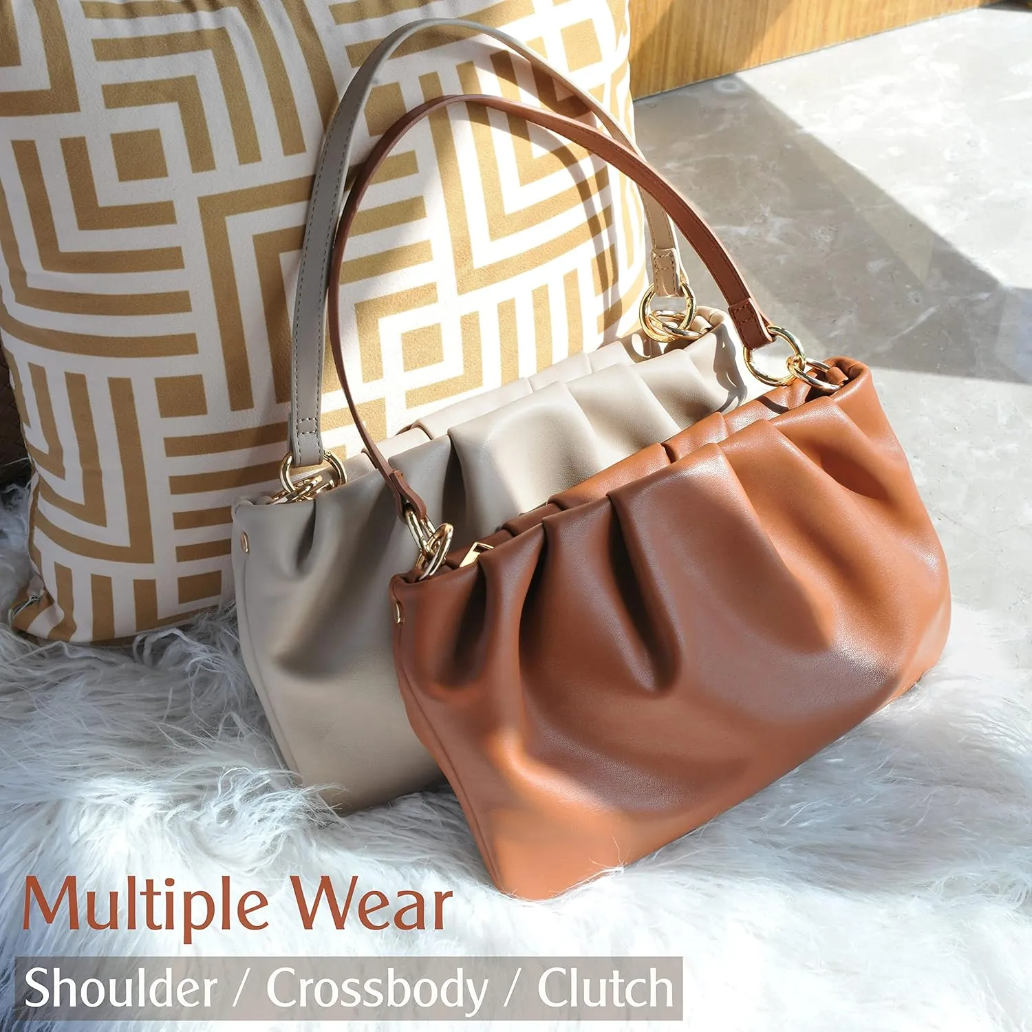 Women Ruched Shoulder Handbag Cloud Pouch Hobo Bag Convertible Clutch Soft Vegan Leather Cross body Bag