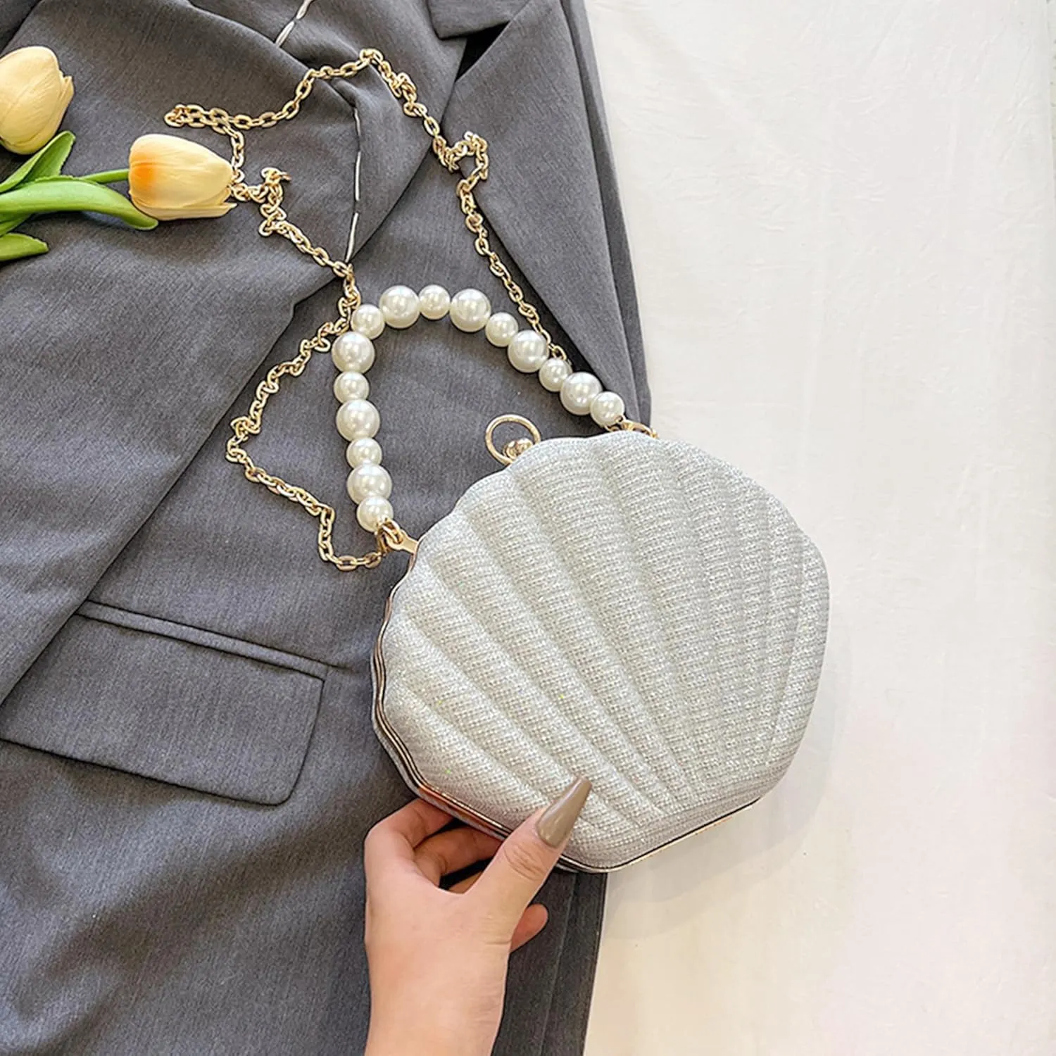 Women Seashell Evening Bag Purse Mermaid Chain Strap Clutch Handbag Shoulder Bag