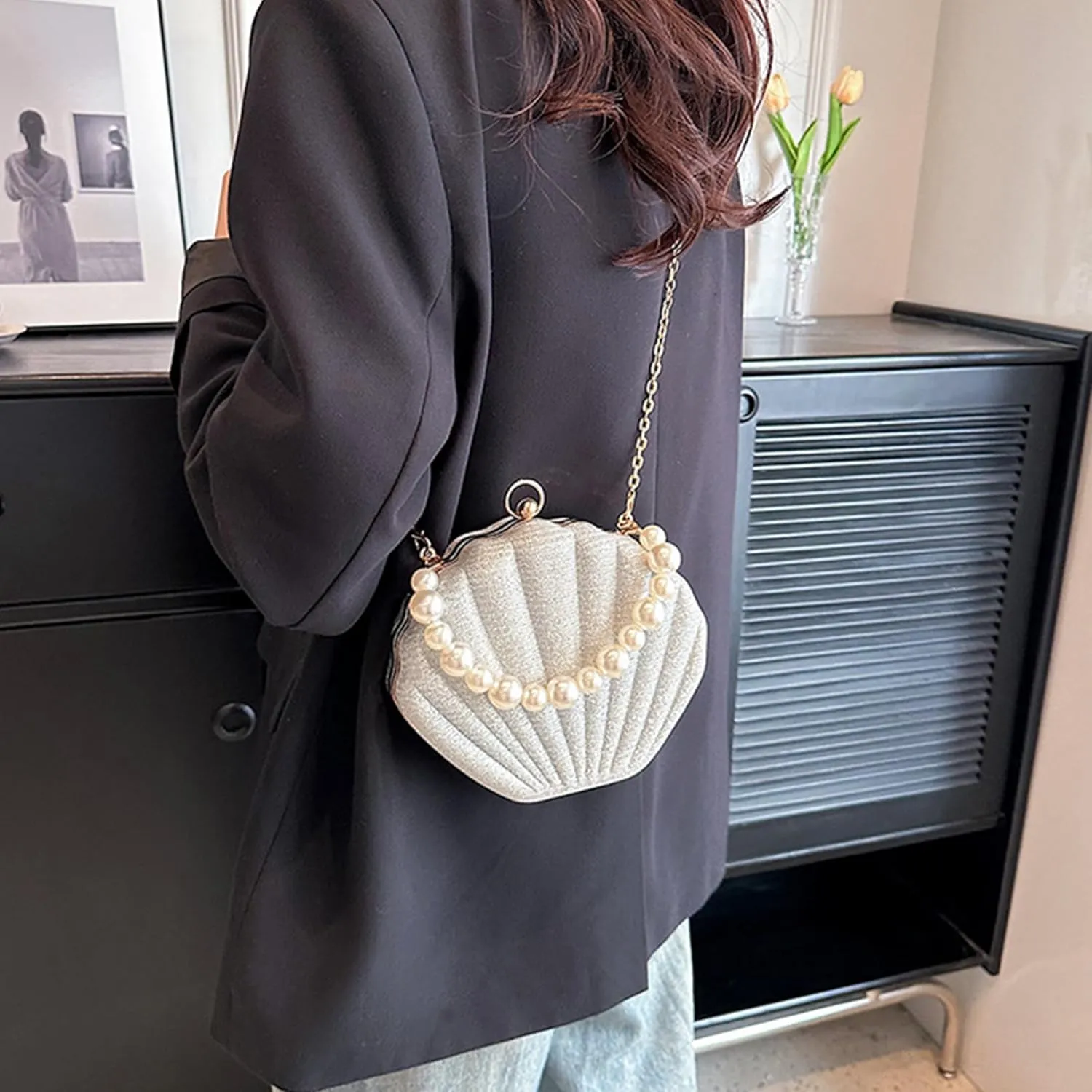 Women Seashell Evening Bag Purse Mermaid Chain Strap Clutch Handbag Shoulder Bag