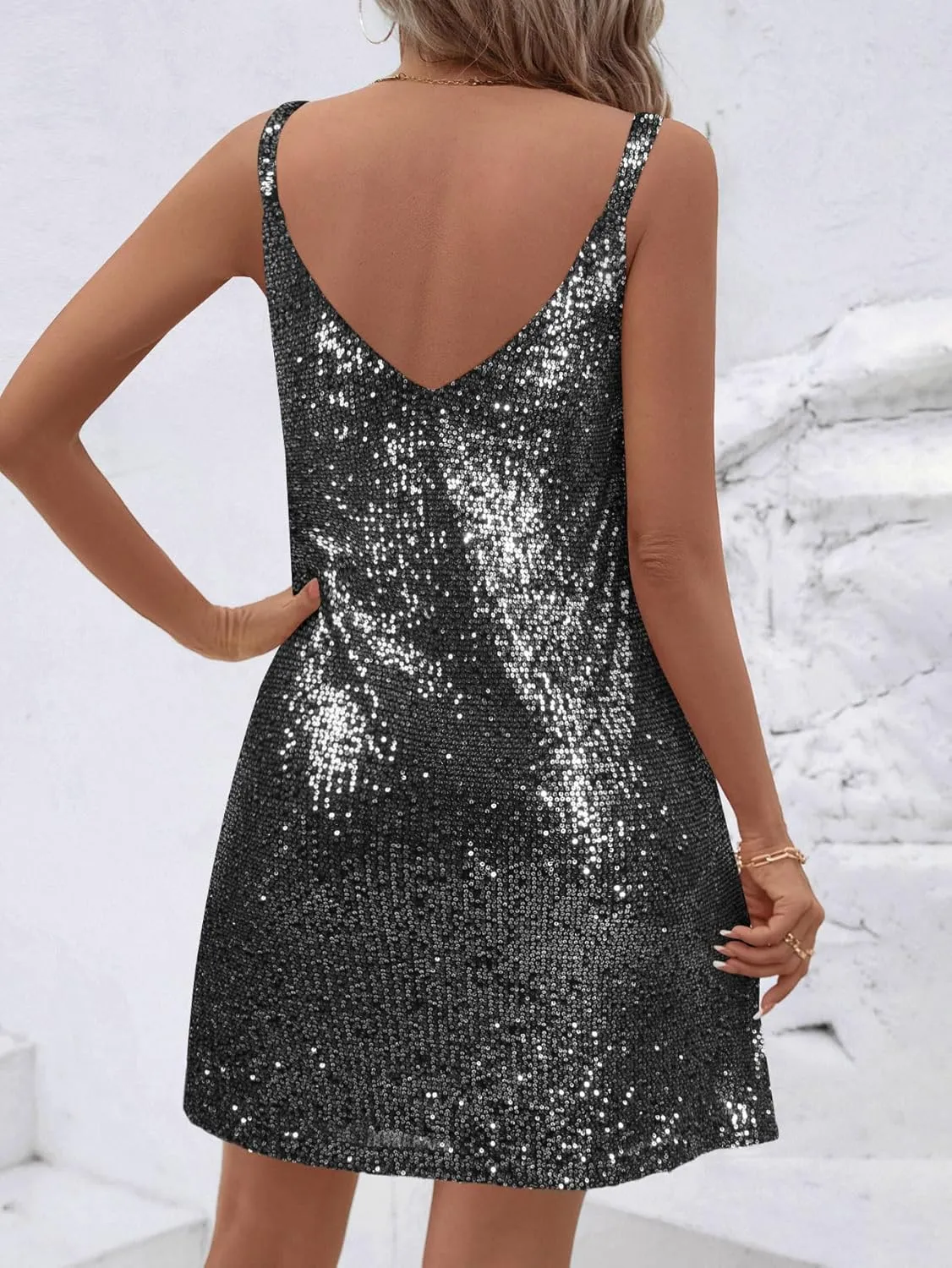 Women Sequin Sexy V Neck Shift Dress Sparkly Glitter Sleeveless Short Flowy Loose Party Night Out Club Dress