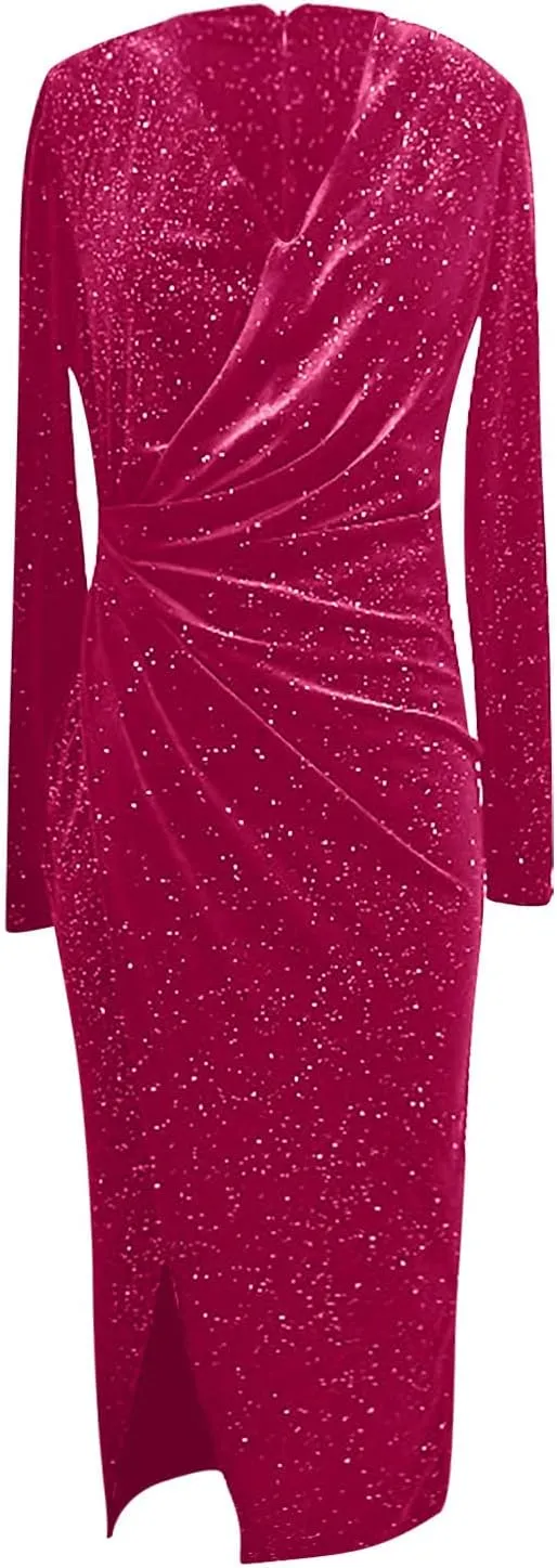 Women Sexy Sequins Evening Dress Wrap V-Neck Ruched Long Sleeve Glitter Cocktail Party Formal Gowns with High Split