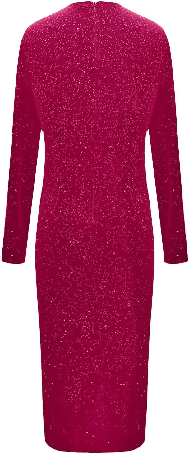 Women Sexy Sequins Evening Dress Wrap V-Neck Ruched Long Sleeve Glitter Cocktail Party Formal Gowns with High Split