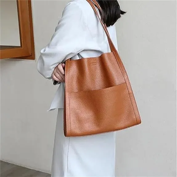 Women Solid Color Simple Genuine Leather Shoulder Bag, Ladies Waterproof Large Capacity Leather Handbags