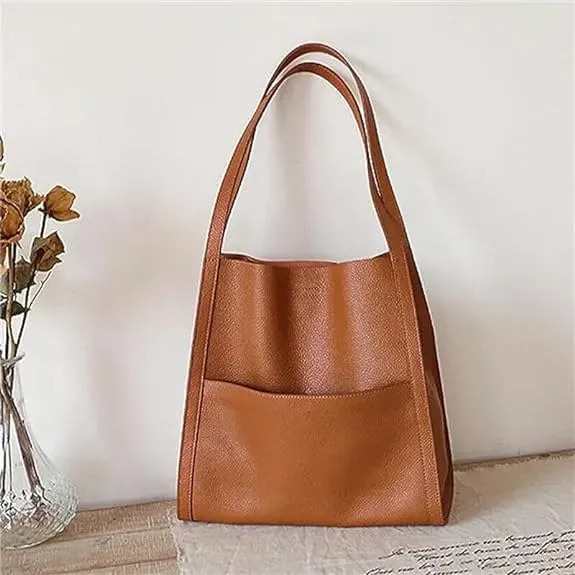 Women Solid Color Simple Genuine Leather Shoulder Bag, Ladies Waterproof Large Capacity Leather Handbags