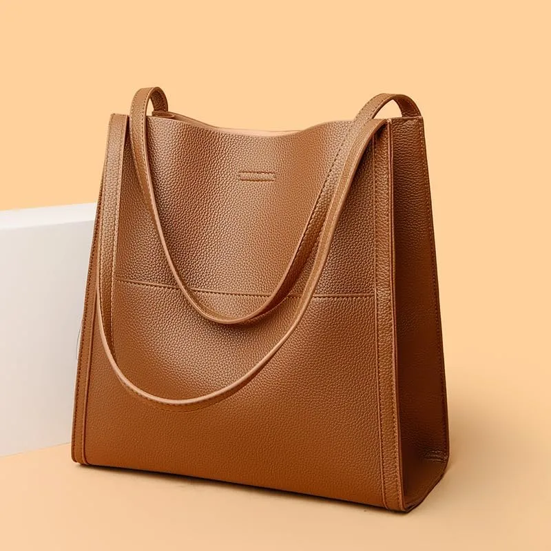 Women Solid Color Simple Genuine Leather Shoulder Bag, Ladies Waterproof Large Capacity Leather Handbags
