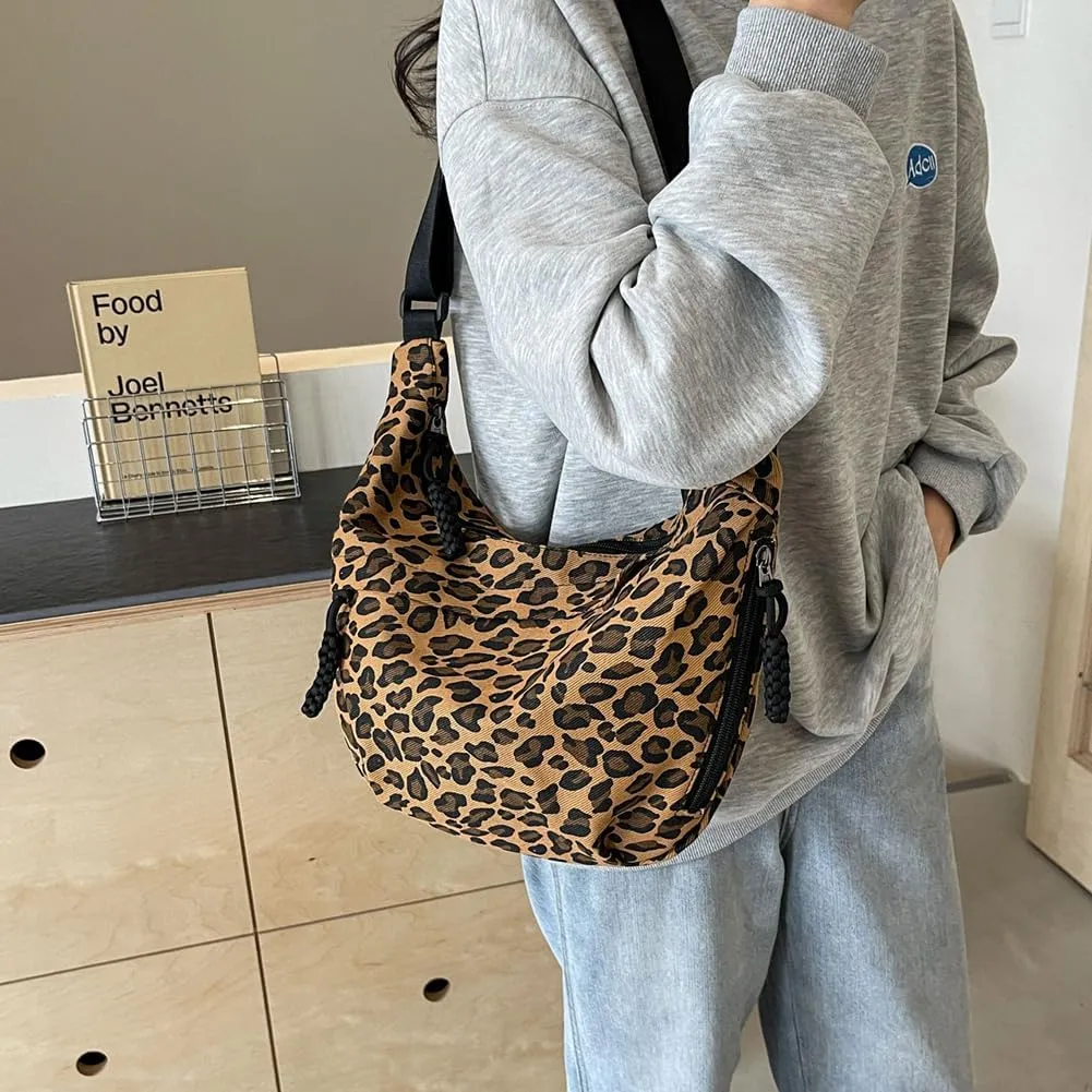 Women Stylish Dumpling Bag Multi-pockets Leopard Print Crescent Crossbody Bag Large Capacity Daily Messenger Bag A