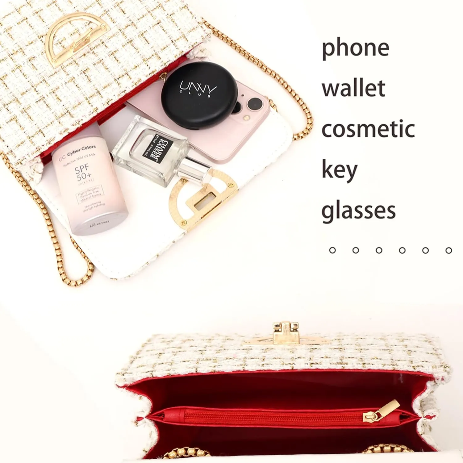 Women Tweed Small Shoulder Bag Handbag and Purse Fashion Ladies Chain Quilted Crossbody Bag Evening Bag Clutch