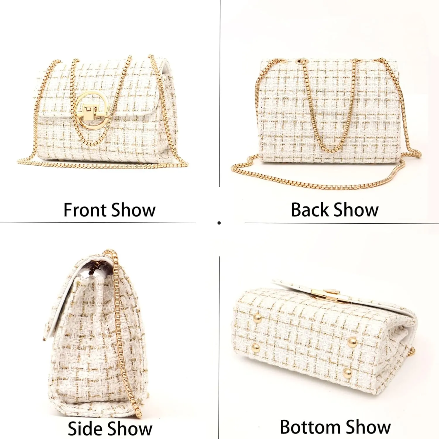 Women Tweed Small Shoulder Bag Handbag and Purse Fashion Ladies Chain Quilted Crossbody Bag Evening Bag Clutch