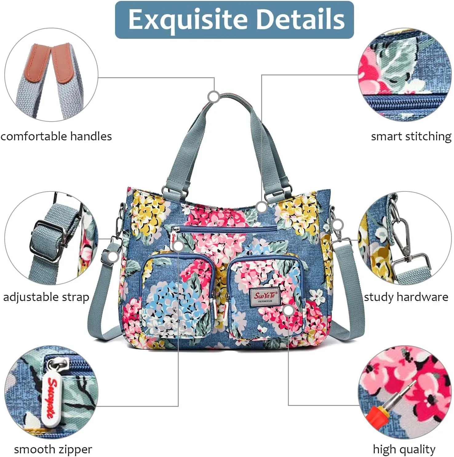 Women Utility Tote Bag Teacher Purses and Handbags for Nurse Waterproof Nylon Multi Pocket Shoulder Bag Work Tote Bag