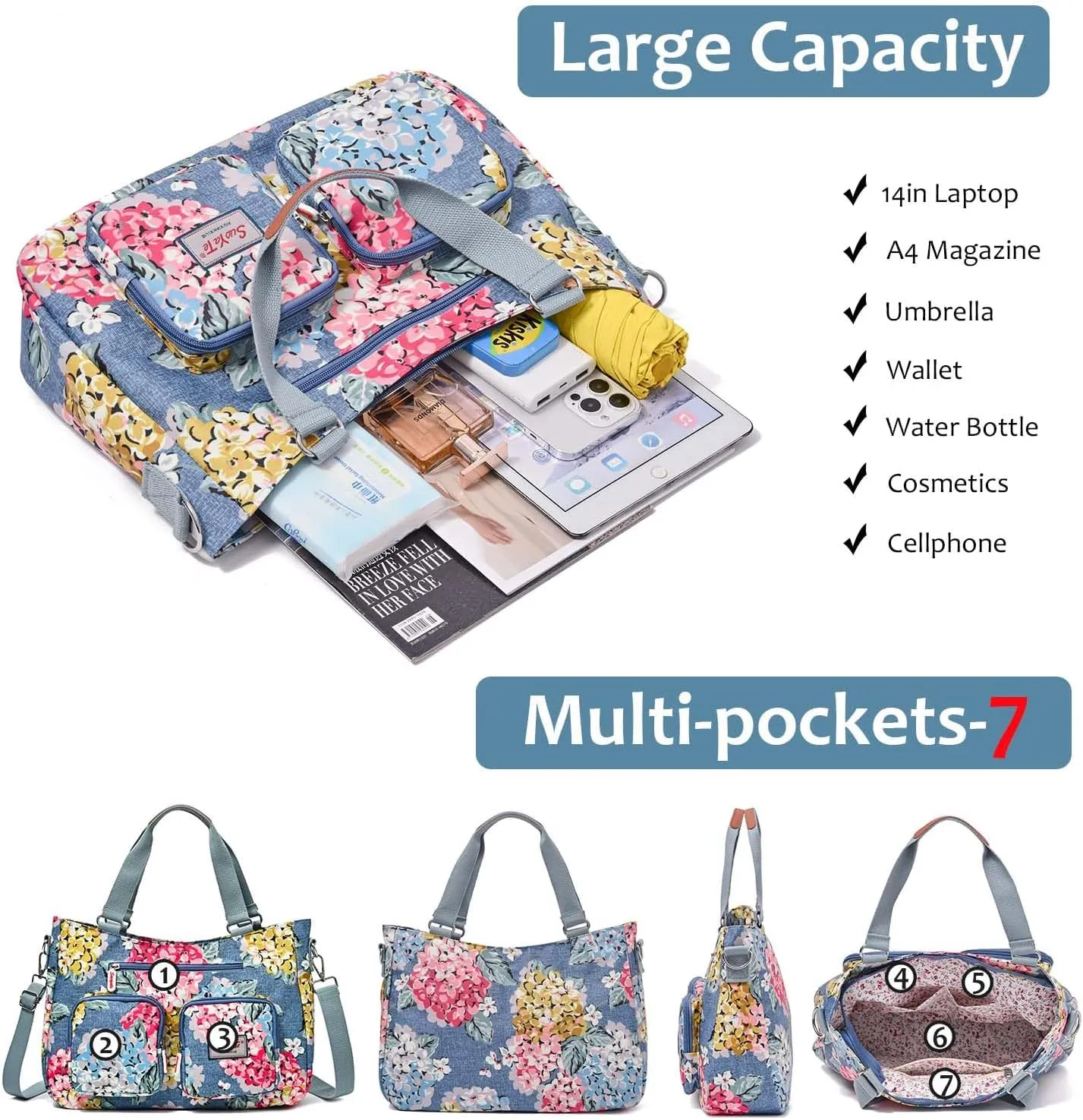 Women Utility Tote Bag Teacher Purses and Handbags for Nurse Waterproof Nylon Multi Pocket Shoulder Bag Work Tote Bag