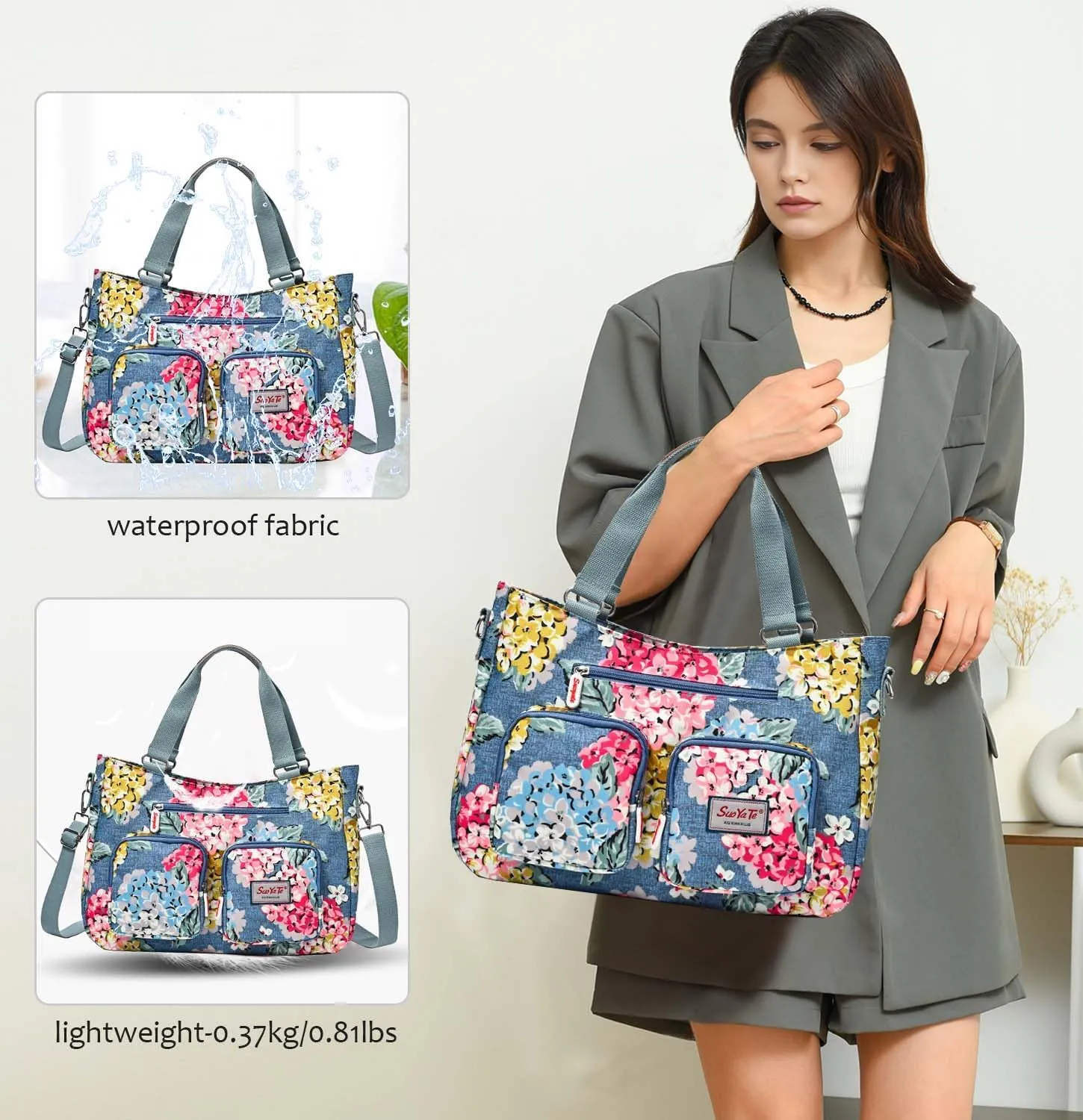 Women Utility Tote Bag Teacher Purses and Handbags for Nurse Waterproof Nylon Multi Pocket Shoulder Bag Work Tote Bag
