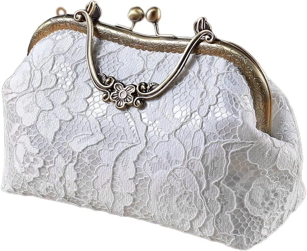 Women Vintage Floral Embroidery Chain Crossbody Shoulder Bag Wedding Handbag Metal Handle Evening Bag for Party
