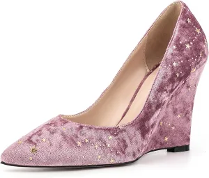 Women Vintage Suede Vegan Leather Wedge High Heel Shoes Pointed Toe Star Pattern Slip on Dress Shoes
