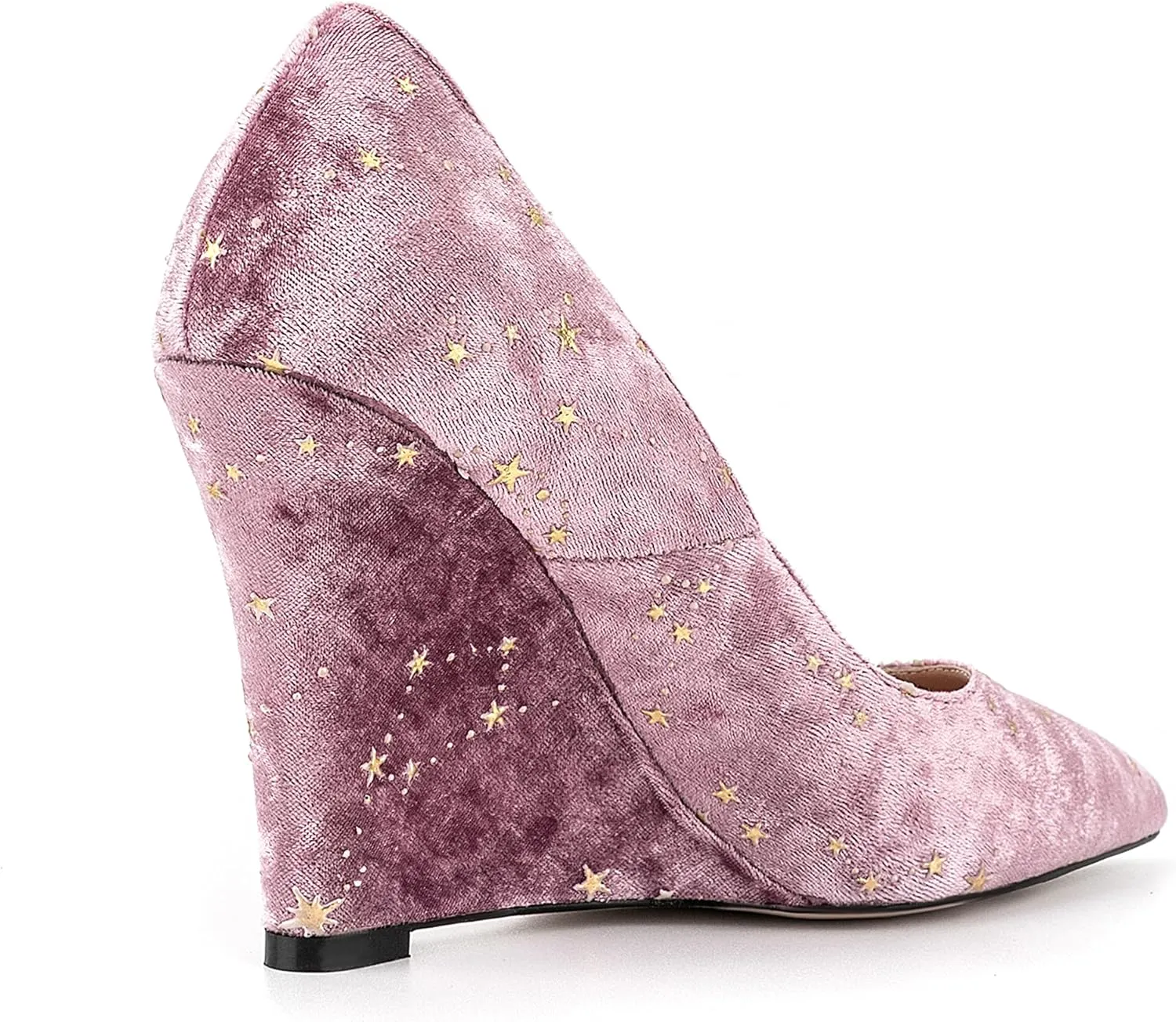 Women Vintage Suede Vegan Leather Wedge High Heel Shoes Pointed Toe Star Pattern Slip on Dress Shoes