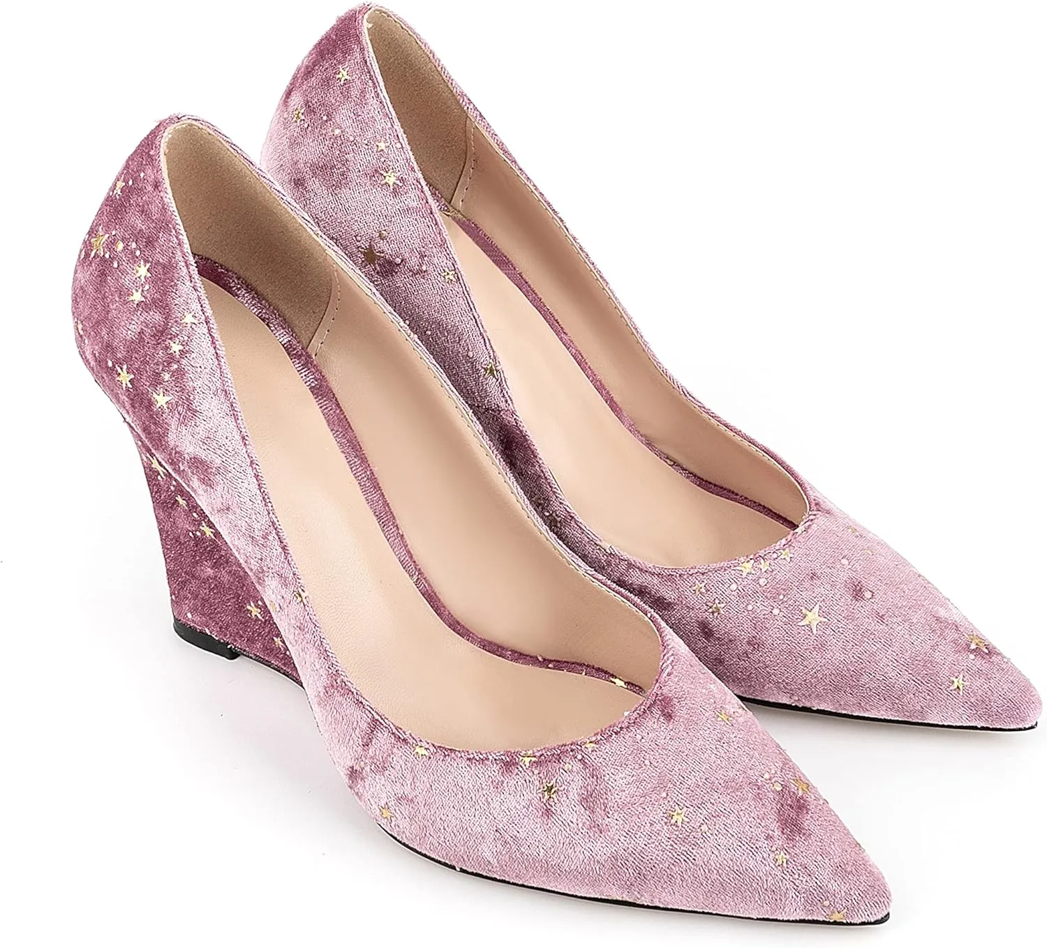 Women Vintage Suede Vegan Leather Wedge High Heel Shoes Pointed Toe Star Pattern Slip on Dress Shoes