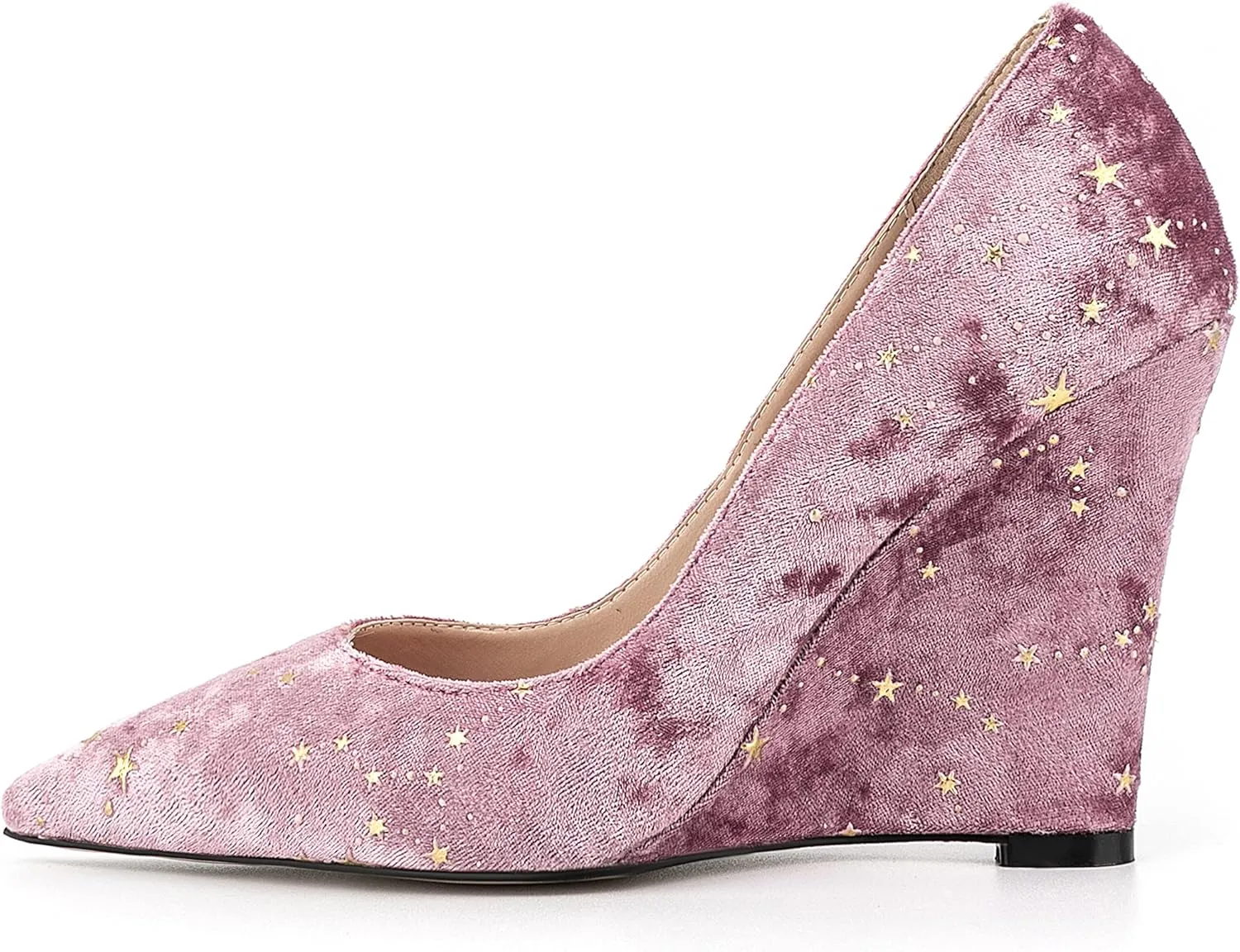 Women Vintage Suede Vegan Leather Wedge High Heel Shoes Pointed Toe Star Pattern Slip on Dress Shoes