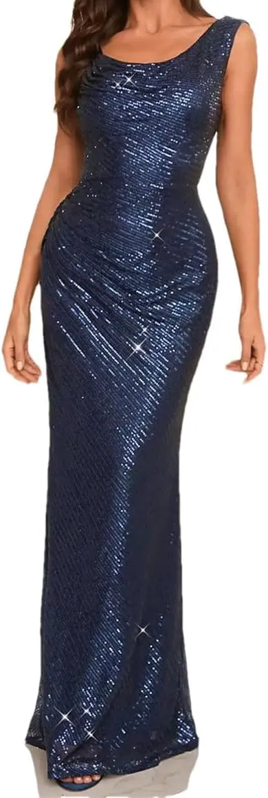Women's Asymmetrical Backless Dress Sequined Slim-Fit Evening Gown Party Prom Dresses