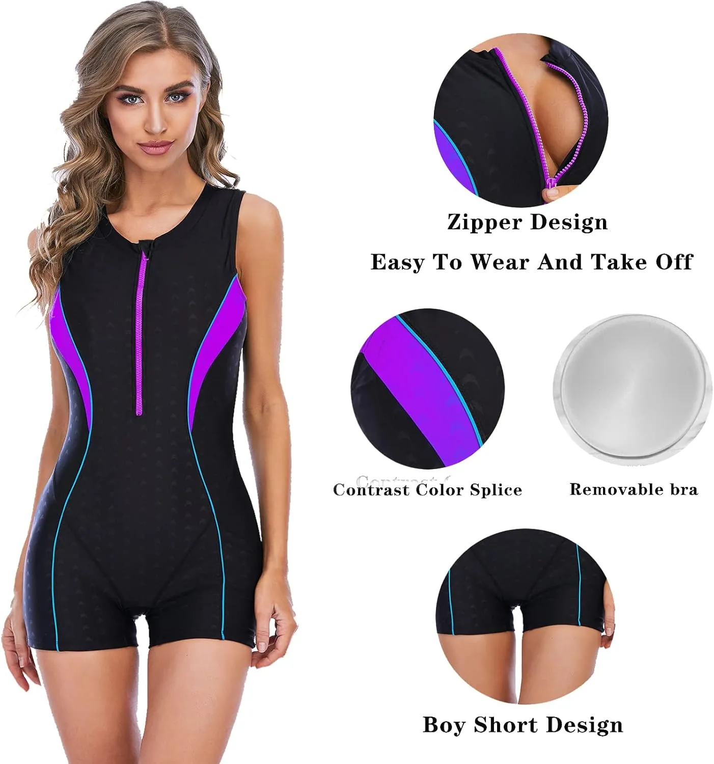 Women's Athletic Boyleg One Piece Swimwear Pro Swimsuit with Zipper Bathing Suit Training