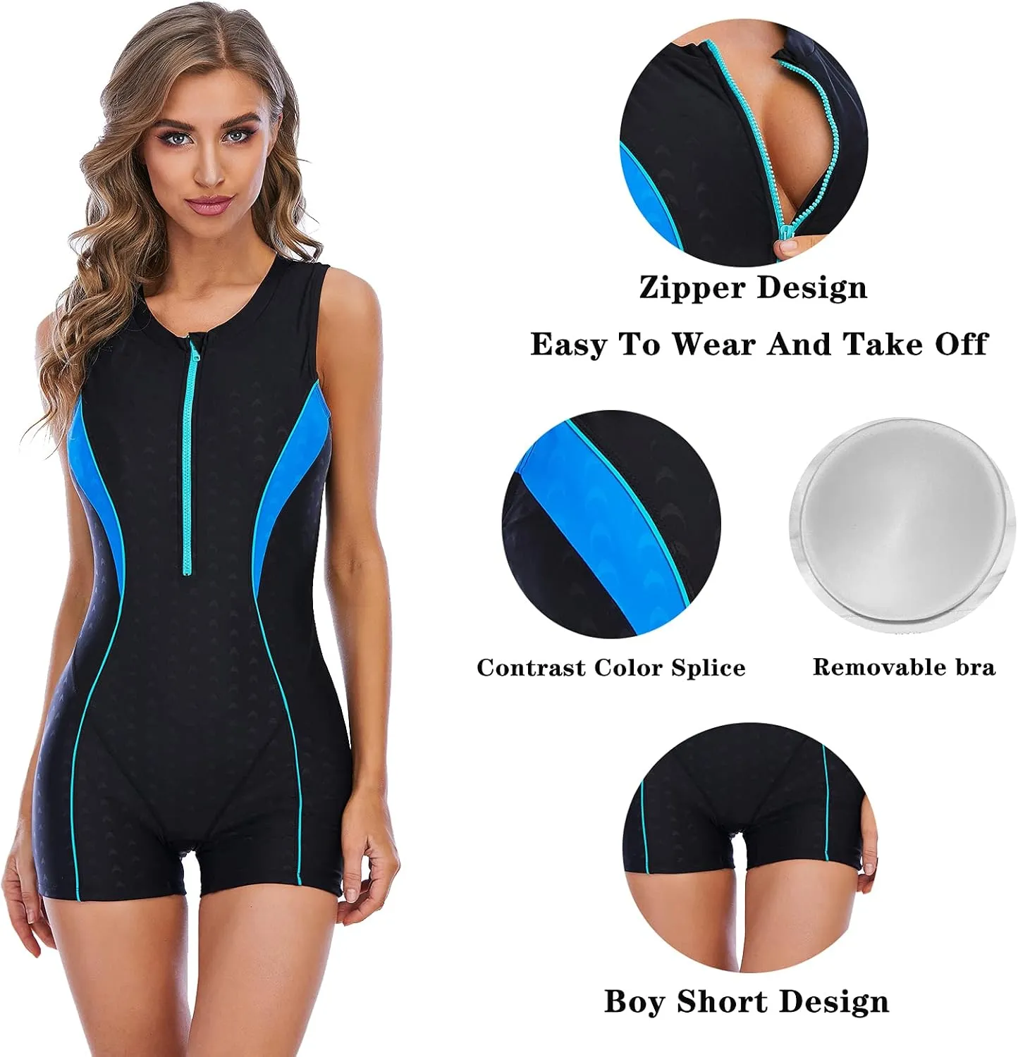 Women's Athletic Boyleg One Piece Swimwear Pro Swimsuit with Zipper Bathing Suit Training