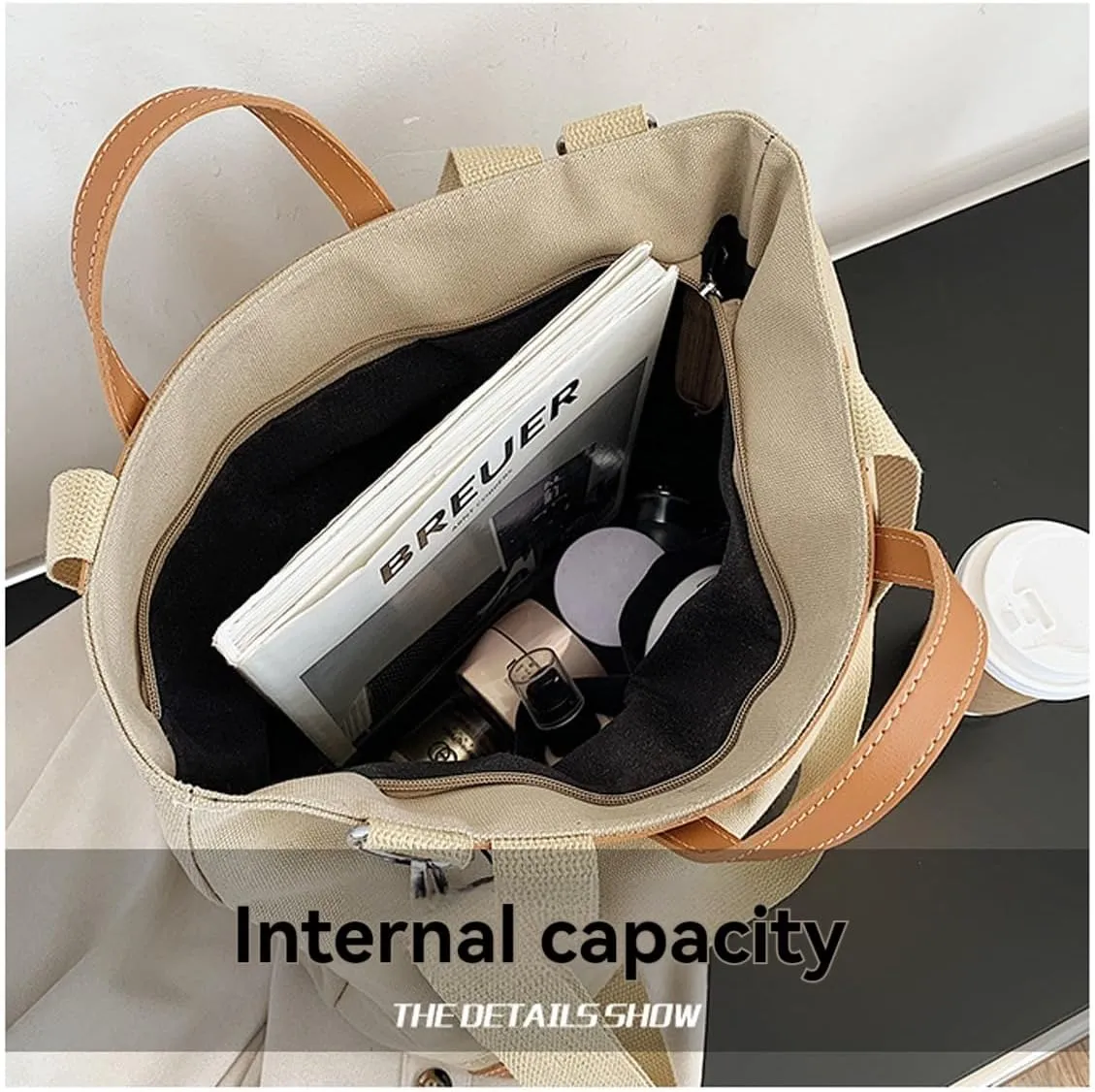 Women's canvas handbag, men's and women's casual work crossbody bag, women's large capacity tote bag