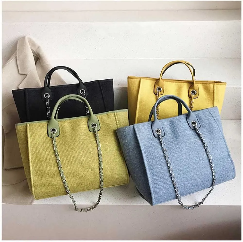 Women's canvas shoulder bag, large capacity handbag, single shoulder bag, handbag with chain (Blue)