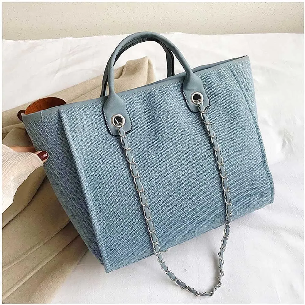 Women's canvas shoulder bag, large capacity handbag, single shoulder bag, handbag with chain (Blue)