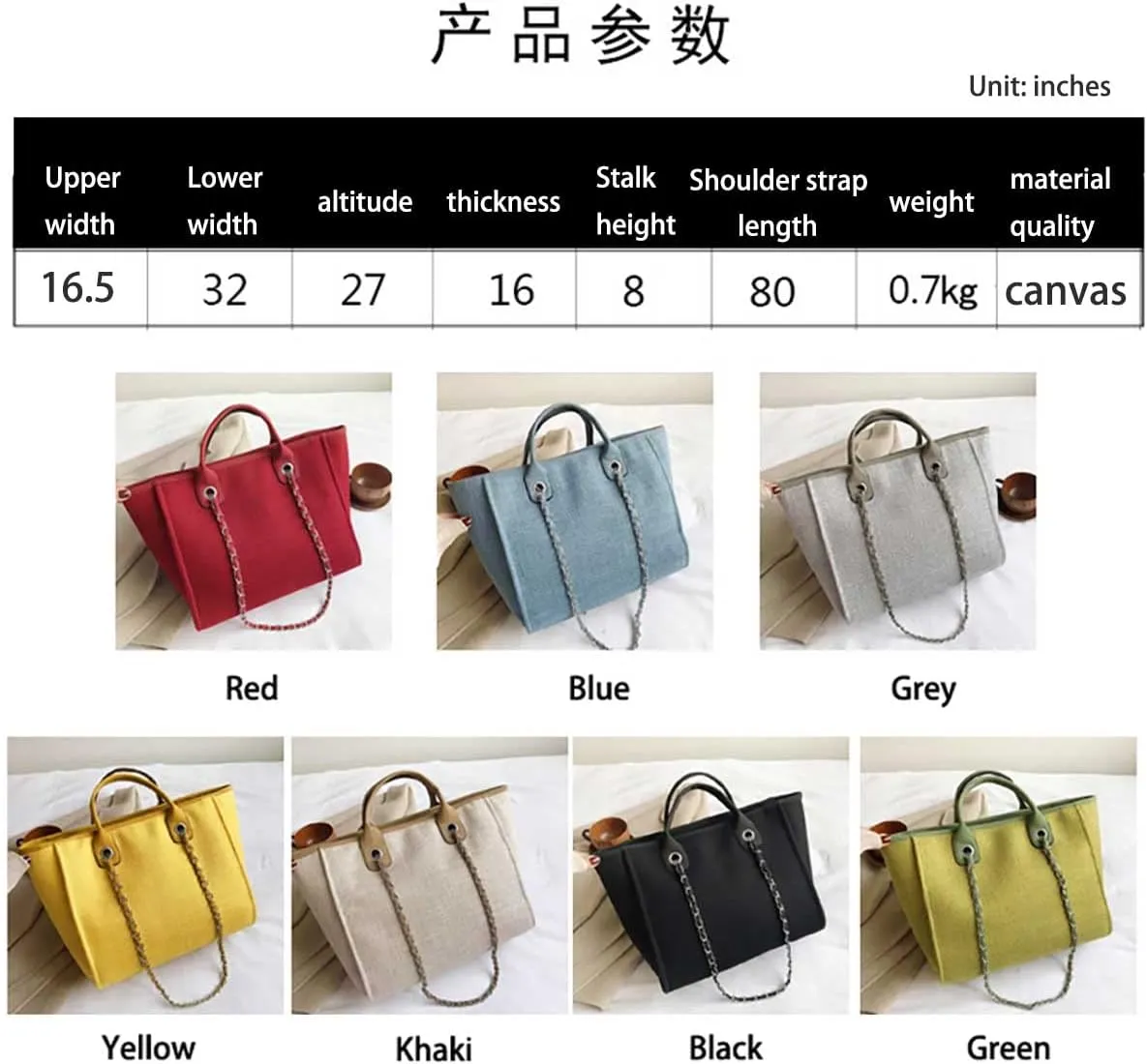Women's canvas shoulder bag, large capacity handbag, single shoulder bag, handbag with chain (Blue)