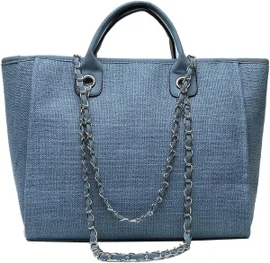 Women's canvas shoulder bag, large capacity handbag, single shoulder bag, handbag with chain (Blue)