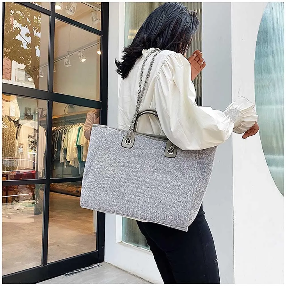 Women's canvas shoulder bag, large capacity handbag, single shoulder bag, handbag with chain (Grey)