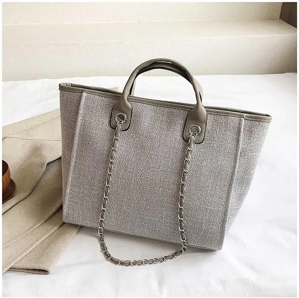 Women's canvas shoulder bag, large capacity handbag, single shoulder bag, handbag with chain (Grey)