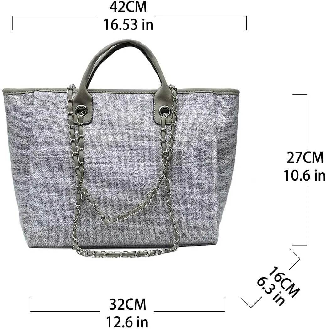 Women's canvas shoulder bag, large capacity handbag, single shoulder bag, handbag with chain (Grey)
