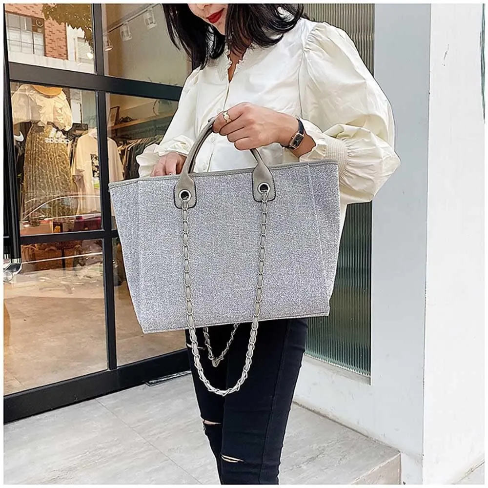 Women's canvas shoulder bag, large capacity handbag, single shoulder bag, handbag with chain (Grey)