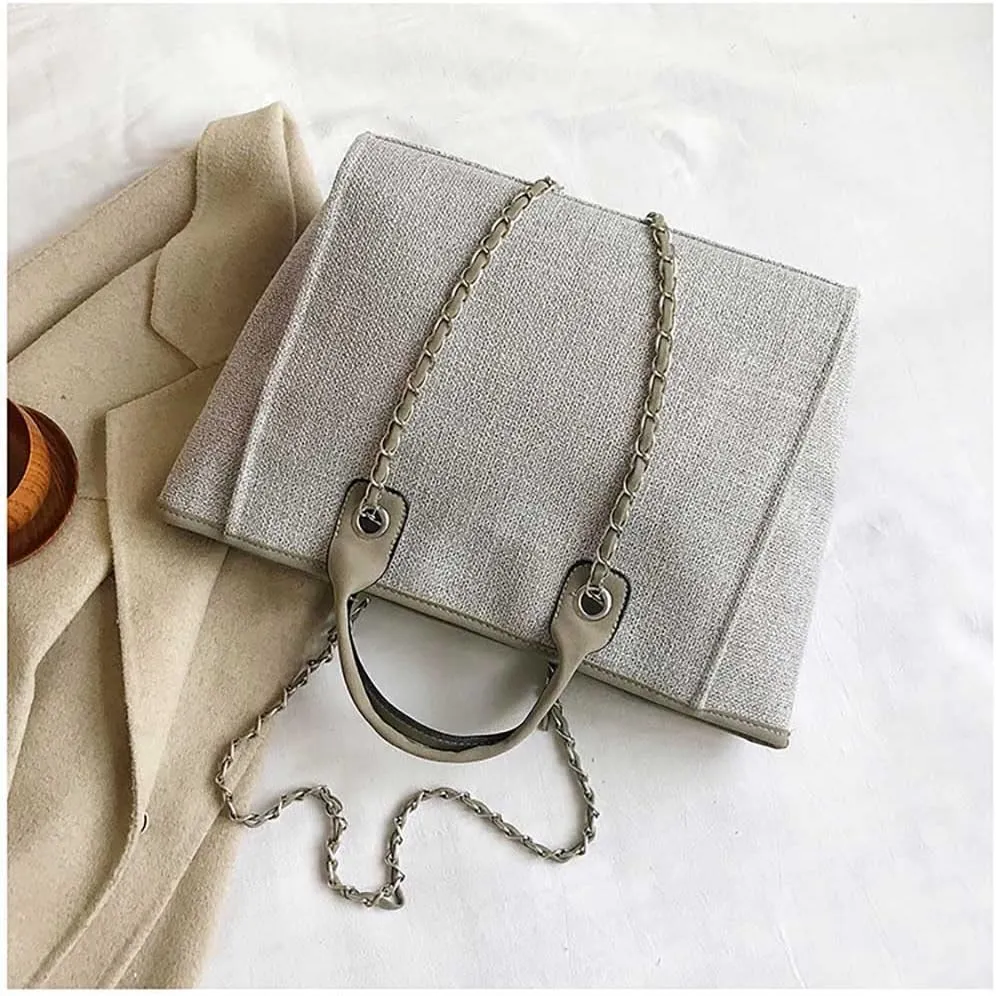 Women's canvas shoulder bag, large capacity handbag, single shoulder bag, handbag with chain (Grey)