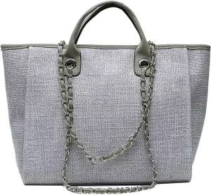 Women's canvas shoulder bag, large capacity handbag, single shoulder bag, handbag with chain (Grey)