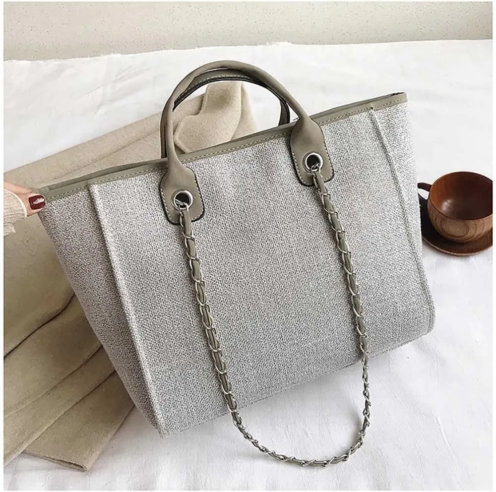 Women's canvas shoulder bag, large capacity handbag, single shoulder bag, handbag with chain (Grey)