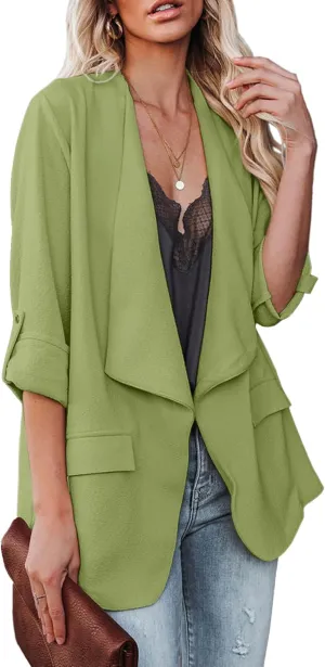 Womens Casual Blazer Jackets Roll Up Long Sleeve Open Front Work Office Business Blazers with Pockets