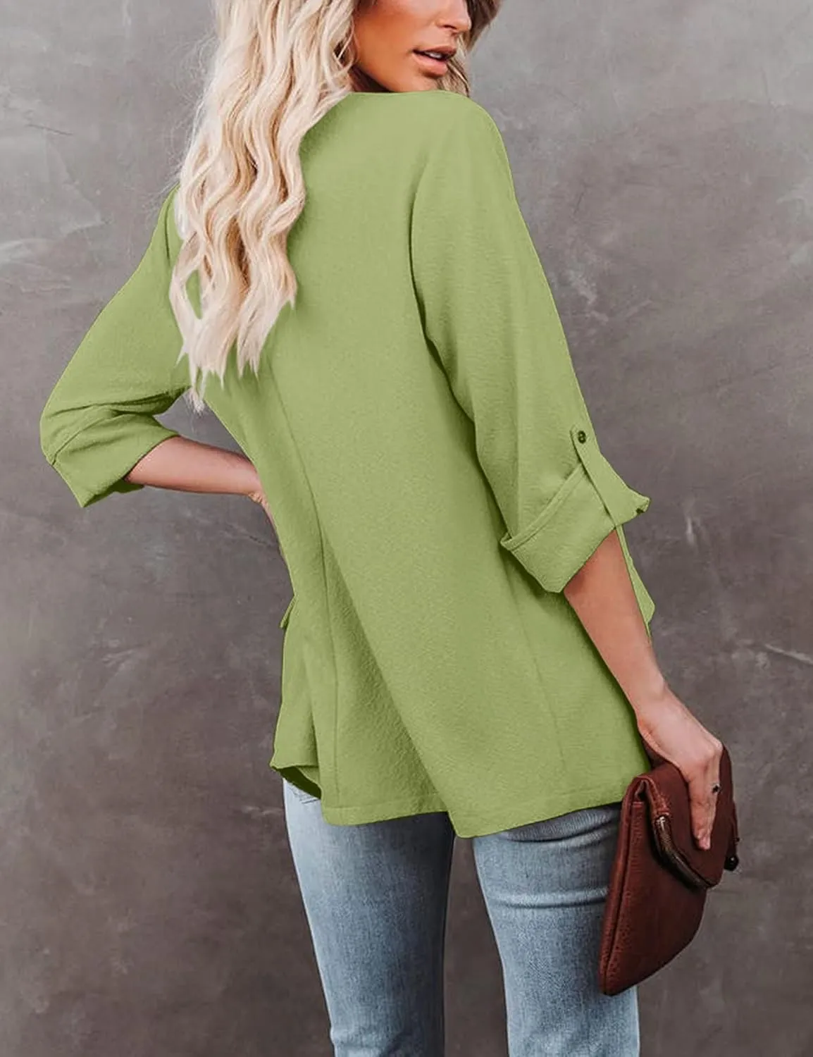 Womens Casual Blazer Jackets Roll Up Long Sleeve Open Front Work Office Business Blazers with Pockets