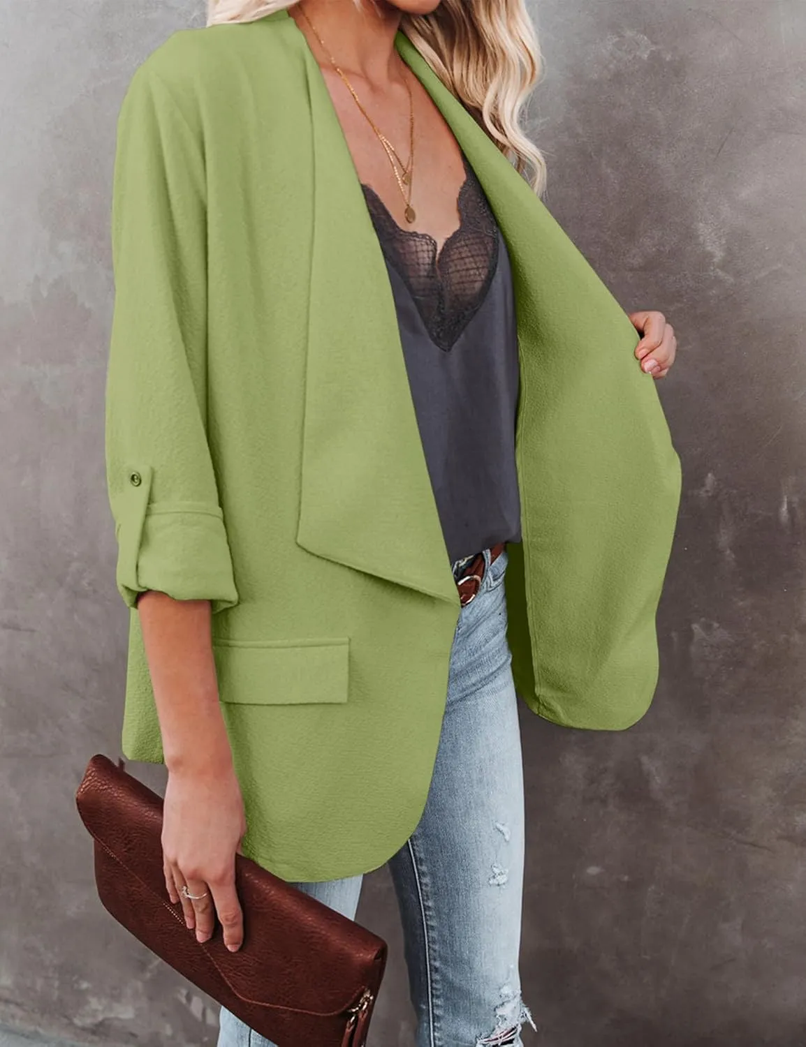 Womens Casual Blazer Jackets Roll Up Long Sleeve Open Front Work Office Business Blazers with Pockets