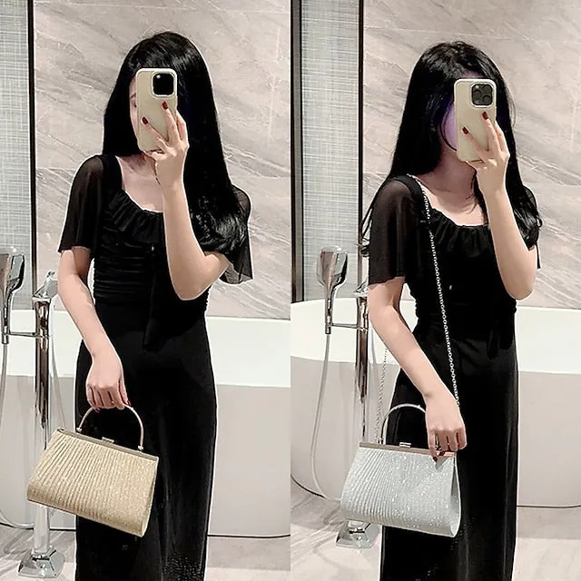 Women's Clutch Evening Bag Wristlet Clutch Bags Polyester Party Bridal Shower Holiday Sequin Chain Large Capacity Durable Solid Color Square wrinkle black (portable) Square wrinkled silver (portable