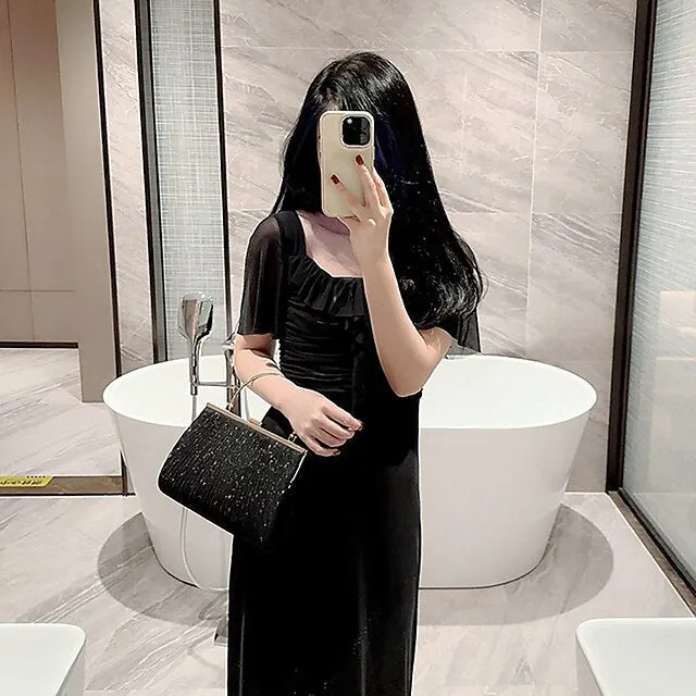 Women's Clutch Evening Bag Wristlet Clutch Bags Polyester Party Bridal Shower Holiday Sequin Chain Large Capacity Durable Solid Color Square wrinkle black (portable) Square wrinkled silver (portable