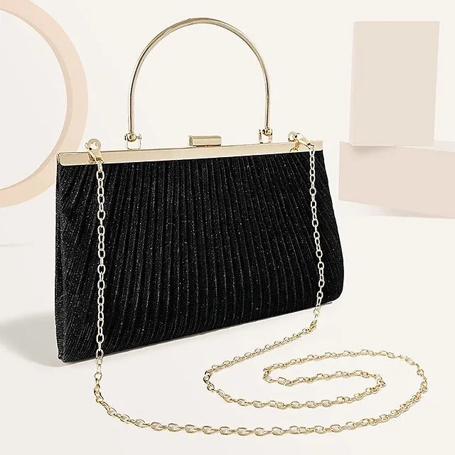 Women's Clutch Evening Bag Wristlet Clutch Bags Polyester Party Bridal Shower Holiday Sequin Chain Large Capacity Durable Solid Color Square wrinkle black (portable) Square wrinkled silver (portable