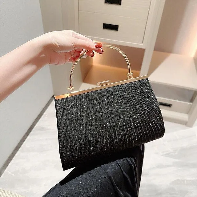 Women's Clutch Evening Bag Wristlet Clutch Bags Polyester Party Bridal Shower Holiday Sequin Chain Large Capacity Durable Solid Color Square wrinkle black (portable) Square wrinkled silver (portable