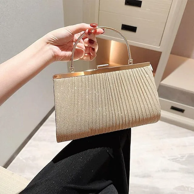 Women's Clutch Evening Bag Wristlet Clutch Bags Polyester Party Bridal Shower Holiday Sequin Chain Large Capacity Durable Solid Color Square wrinkle black (portable) Square wrinkled silver (portable