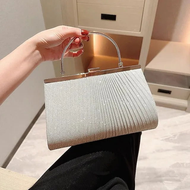 Women's Clutch Evening Bag Wristlet Clutch Bags Polyester Party Bridal Shower Holiday Sequin Chain Large Capacity Durable Solid Color Square wrinkle black (portable) Square wrinkled silver (portable