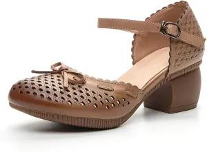 Women's Cowhide Leather Bow Chunky Heel Mary Jane Mid Block Heel Cut Out Soft Bottom Ankle Strap Buckle Dress Pumps Breathable Non Slip Nurse Walking Shoes