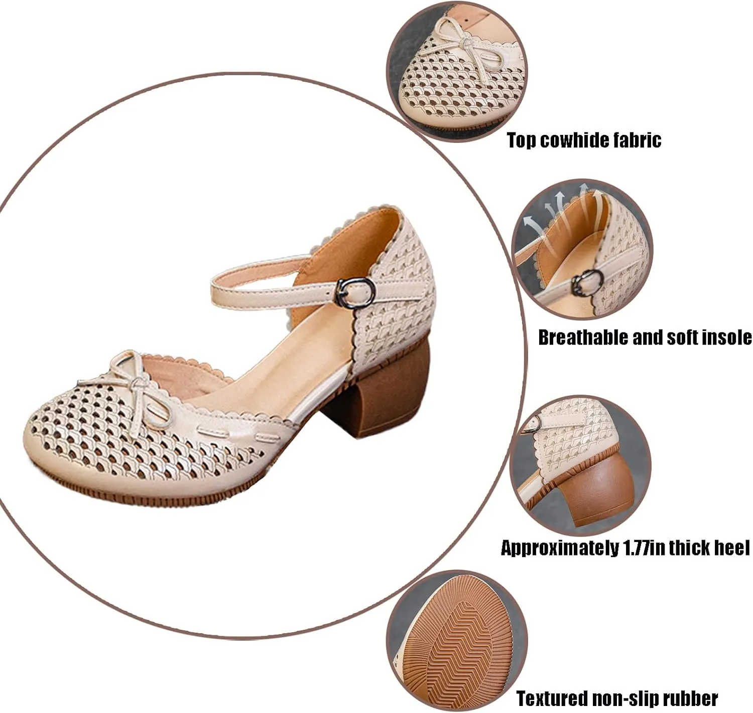 Women's Cowhide Leather Bow Chunky Heel Mary Jane Mid Block Heel Cut Out Soft Bottom Ankle Strap Buckle Dress Pumps Breathable Non Slip Nurse Walking Shoes